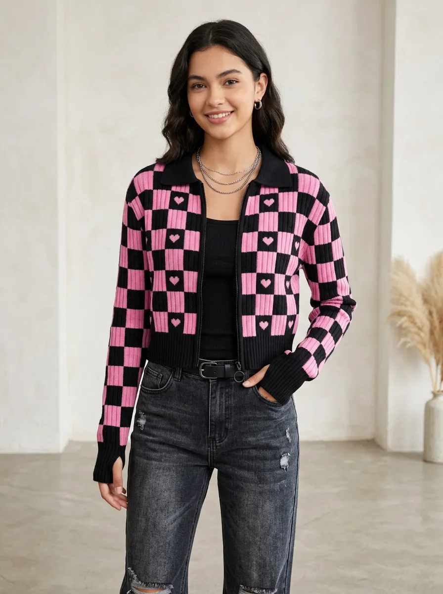 Women's Pink Black Heart Checkerboard Pattern Zip Up Cardigan