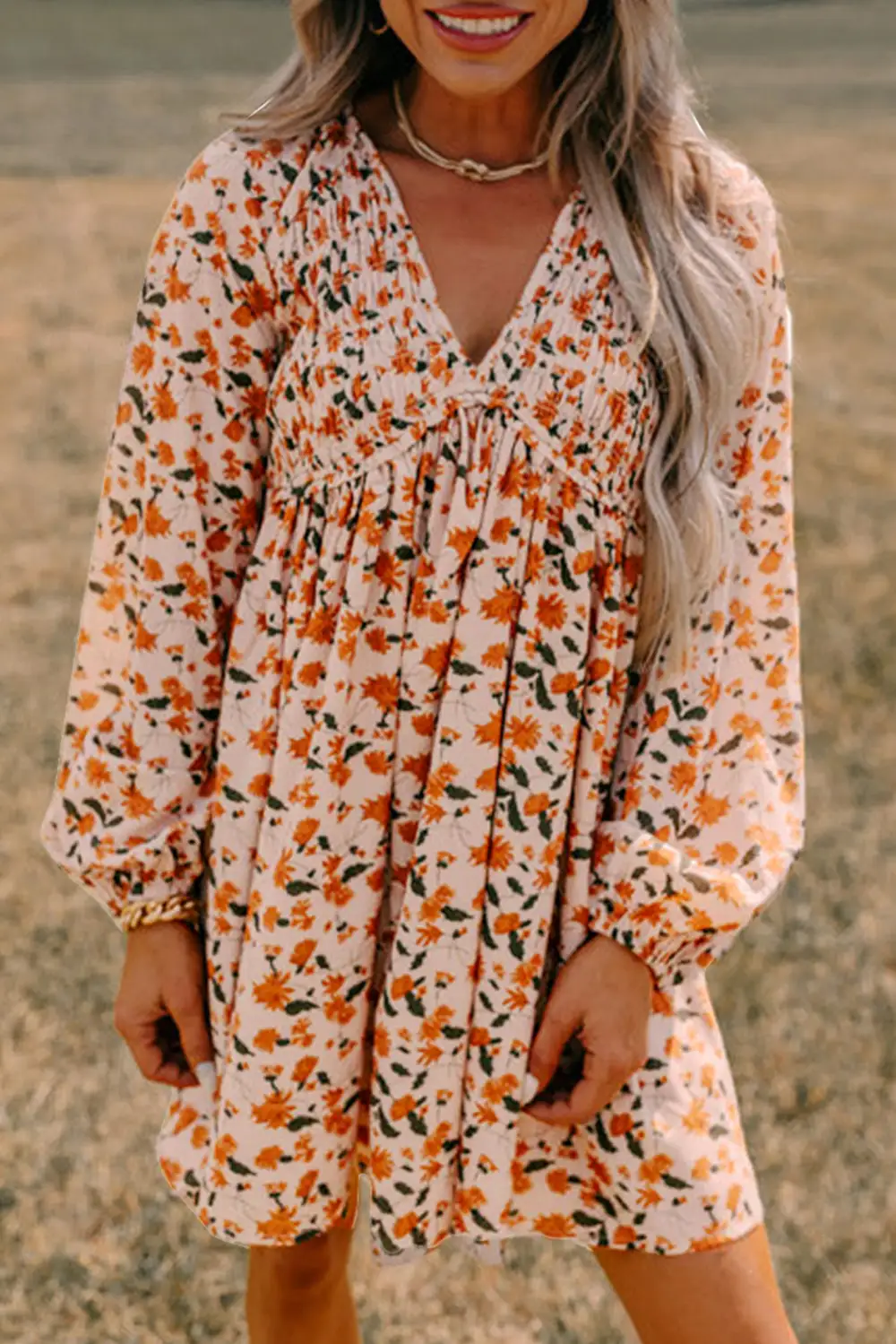 Balanced Floral Smocked V-Neck Mini Dress
