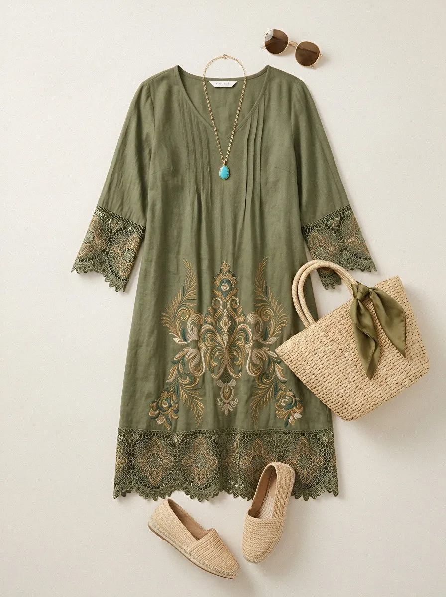 Women's Summer Vacation Olive Floral Embroidered Lace Trimmed Dress