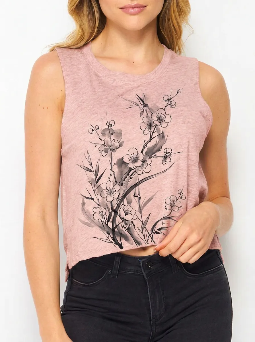 Women's Floral Art Lover Plum Blossom Bamboo Printed Crop Tank Top