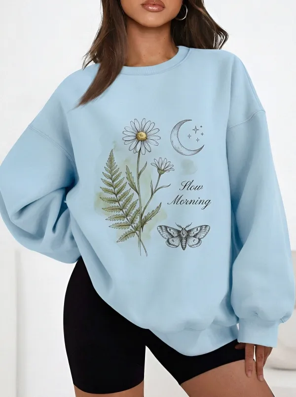 Women's Botanical Slow Morning Daisy Moth Moon Printed sweatshirt