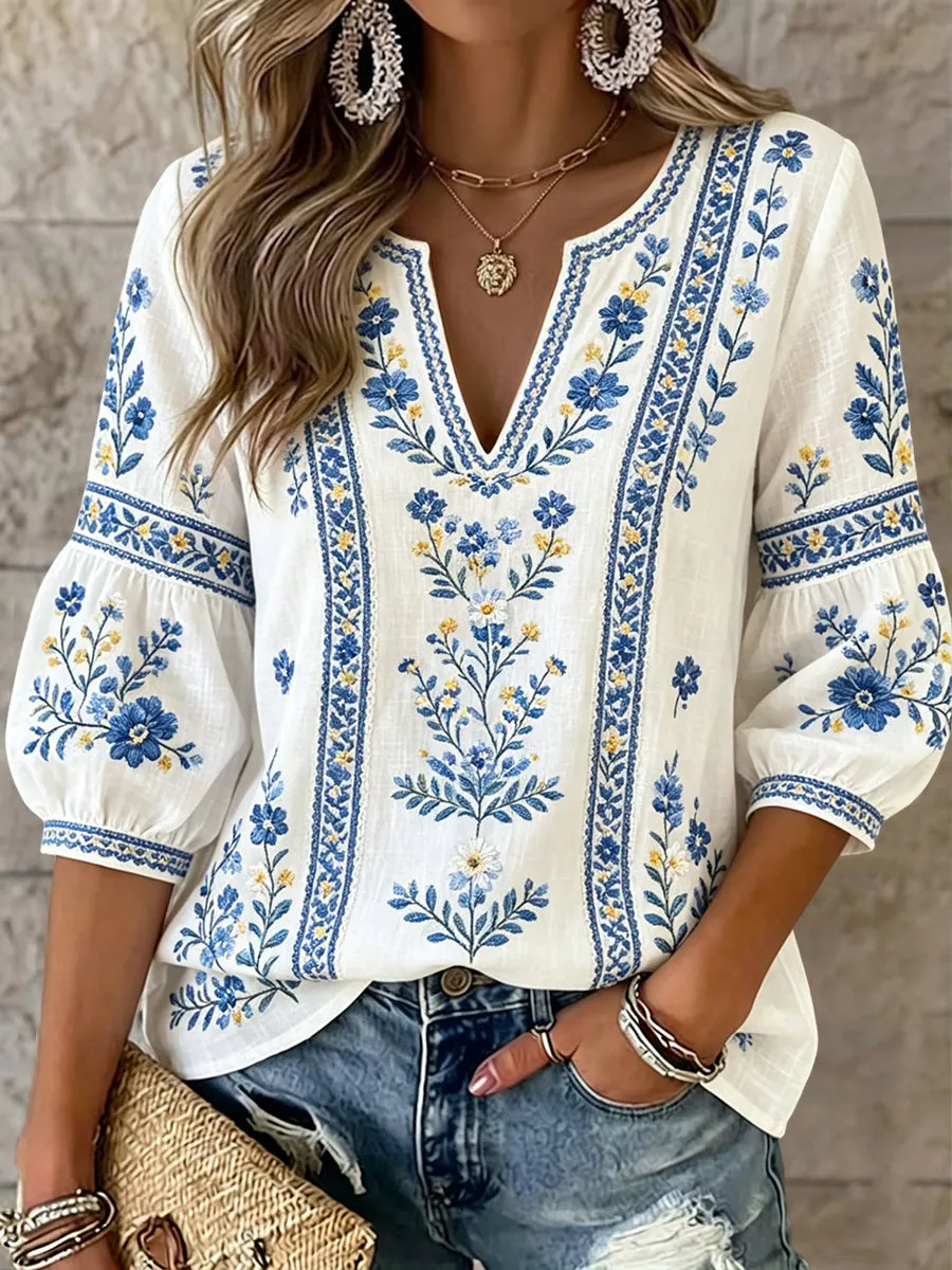 Women's V-neck Mid-Sleeve Printed Casual T-shirt