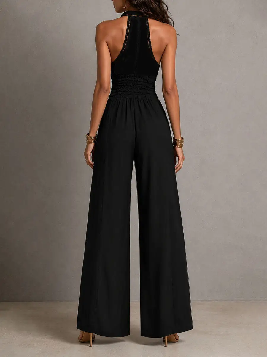 Boho Elegant Lace Panel Smocked Waist Wide Leg One-Piece Jumpsuit