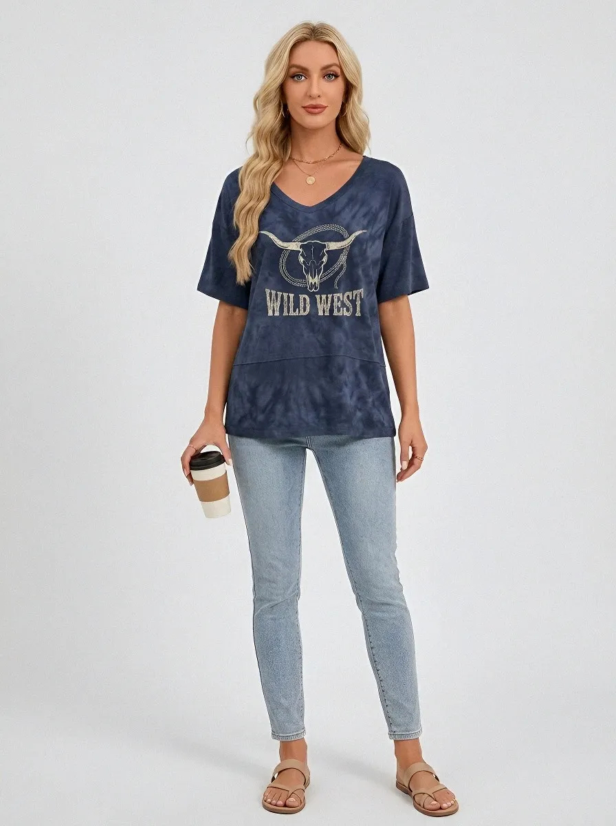 Women's Wild West Cow Skull Tie-Dye Printed T-shirt