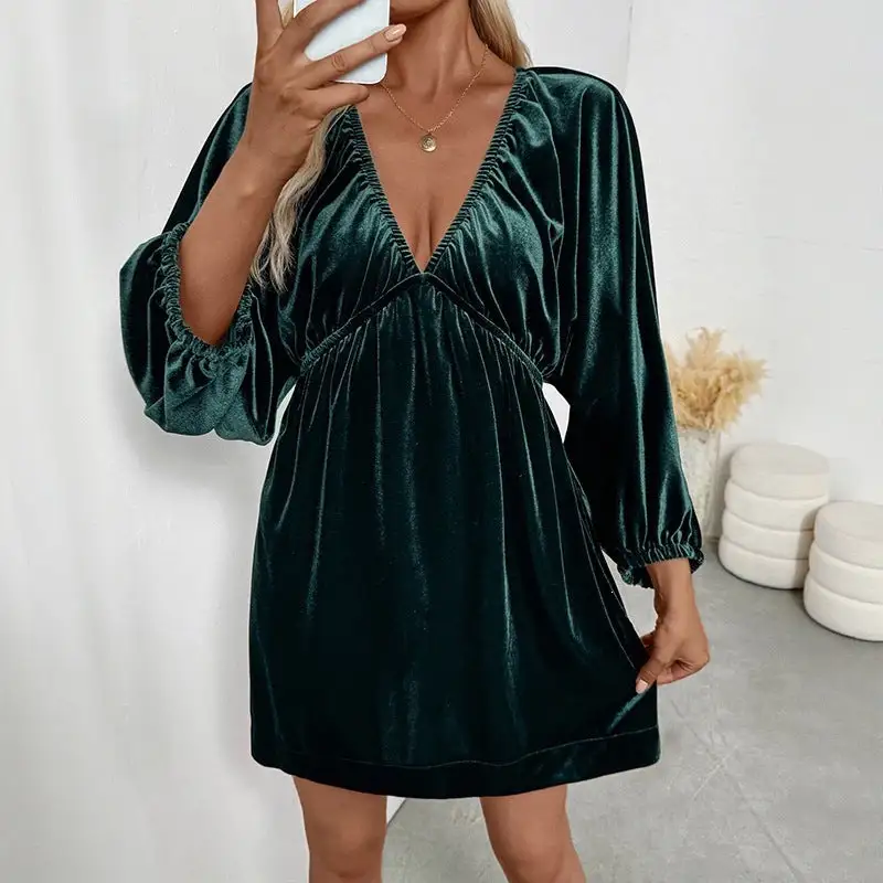 Women's V-Neck Puff-Sleeve Velvet Bridal Dress