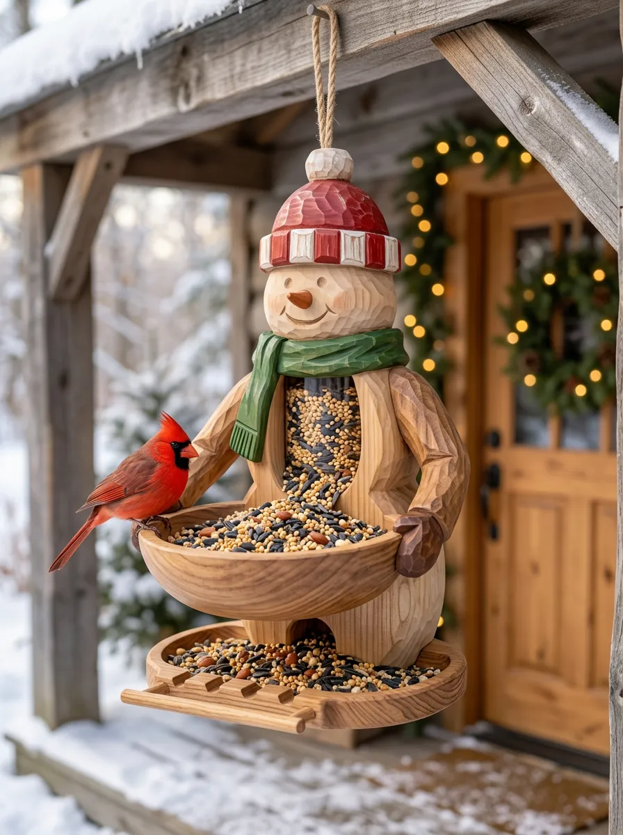 Cheerful Snowman Cardinal Christmas Bird Feeder