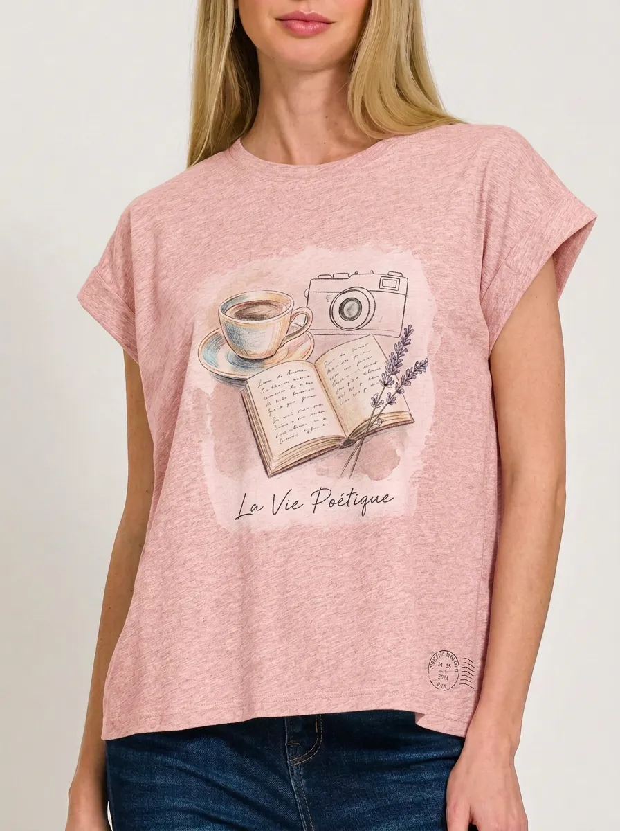 Women's Coffee Book Camera La Vie Poetique Printed T-shirt
