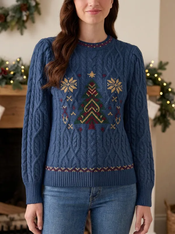 Christmas Holiday Tree Snowflake Patterned Cable Knit Sweater