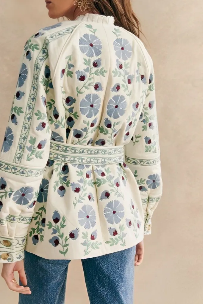 Patchwork Lace-Up Round-Neck Jacket