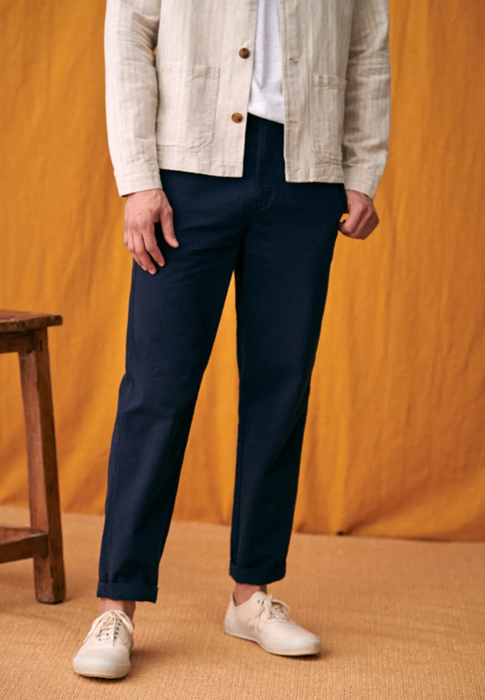 Navy Seersucker Drawstring Waist Casual Trousers