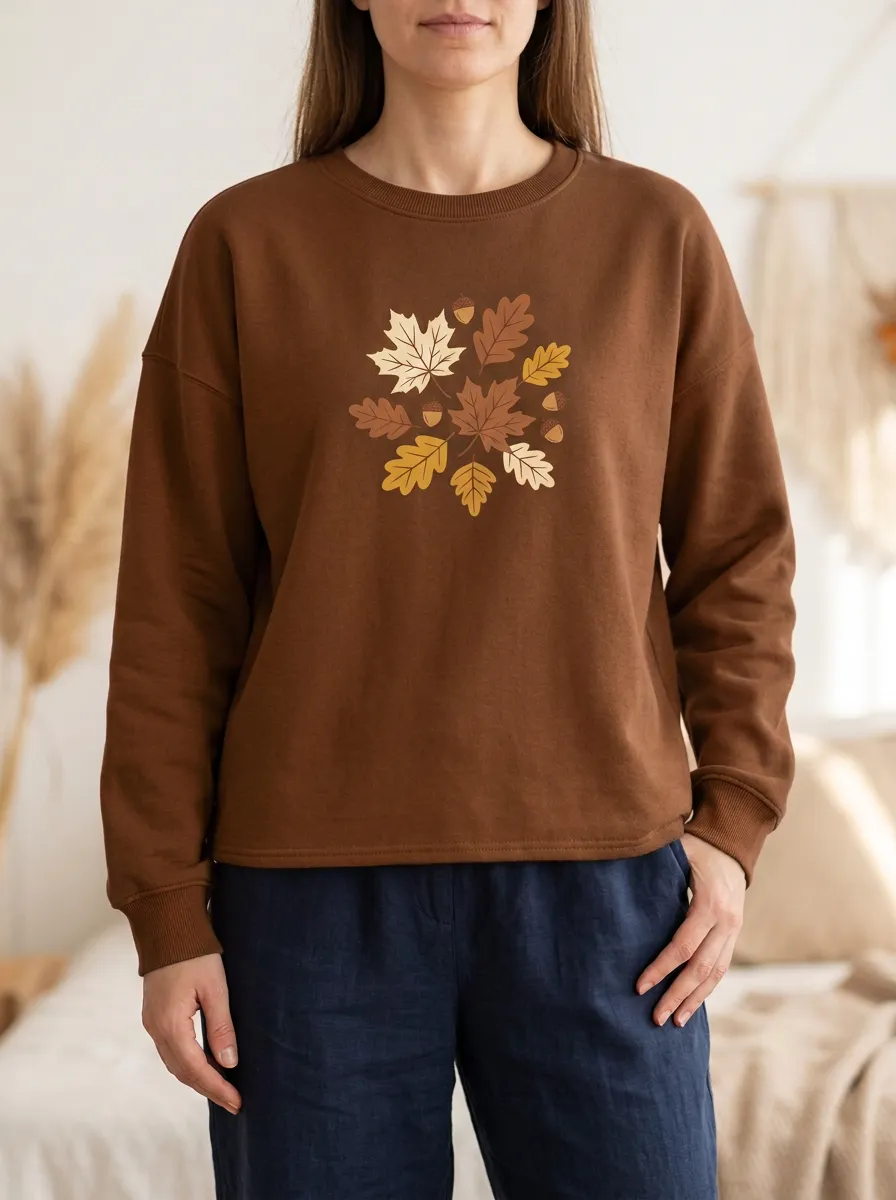 Soft Style Maple-Leaf Printed Acorn Graphic Sweatshirt