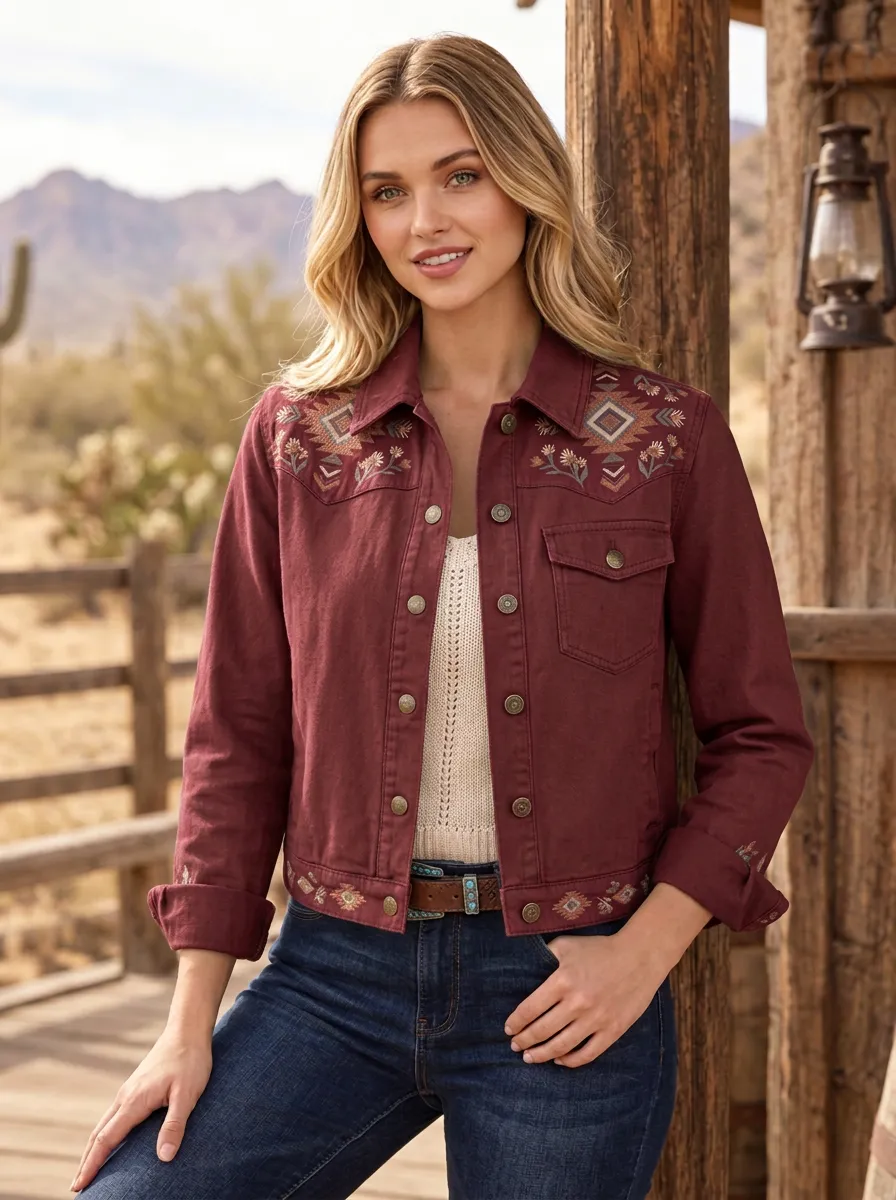 Women's Western Floral Geometric Denim Jacket