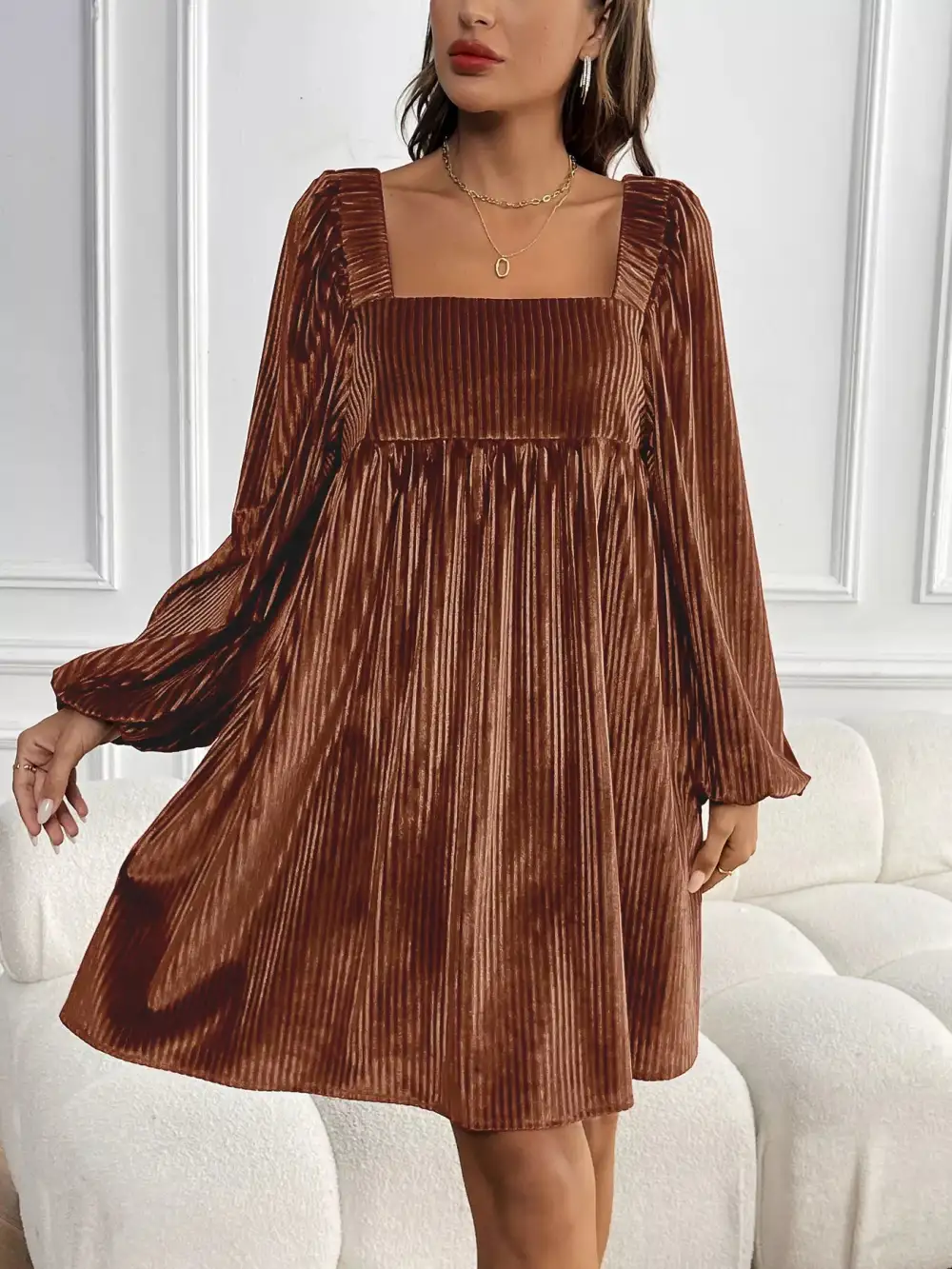 Square Neck Long Sleeve Casual Dress