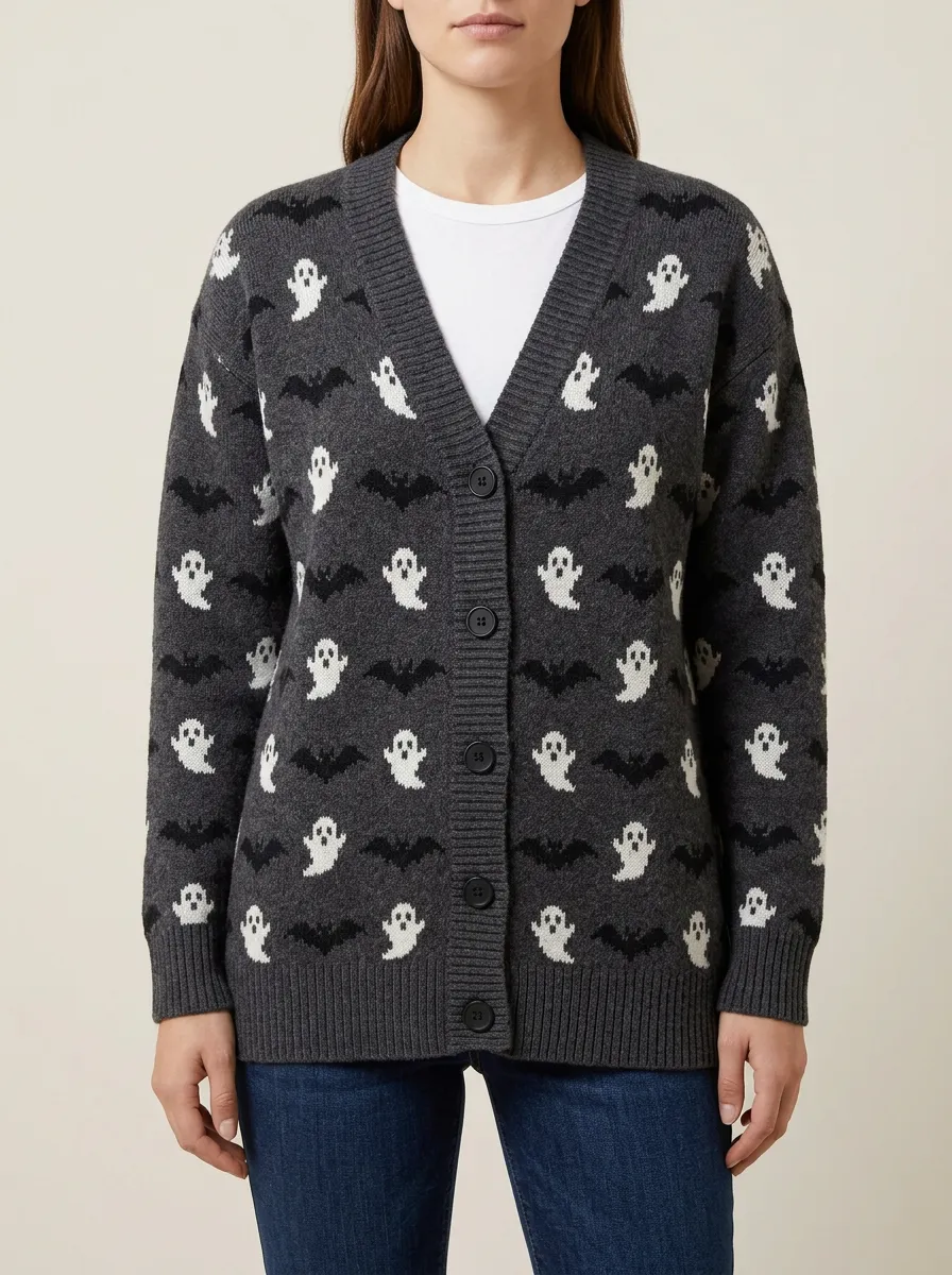 Women's Halloween Ghost and Bat Patterned Knitted Cardigan