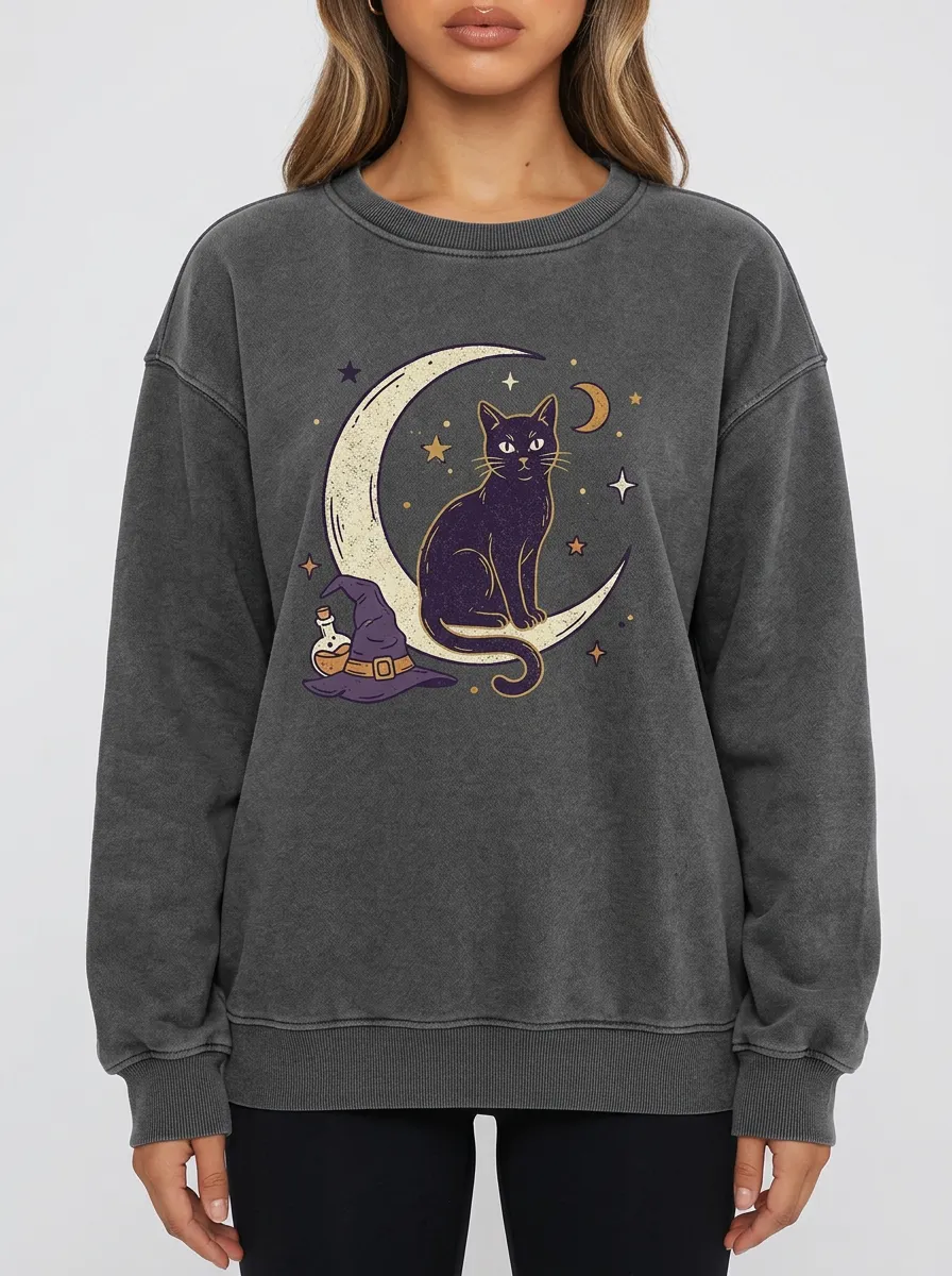 Women's Halloween Witchy Cat Moon Printed Sweatshirt