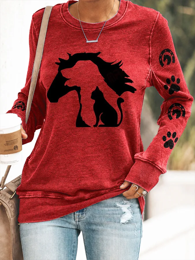 Women'S Animal Silhouette Printed Round Neck Long Sleeved Shirt