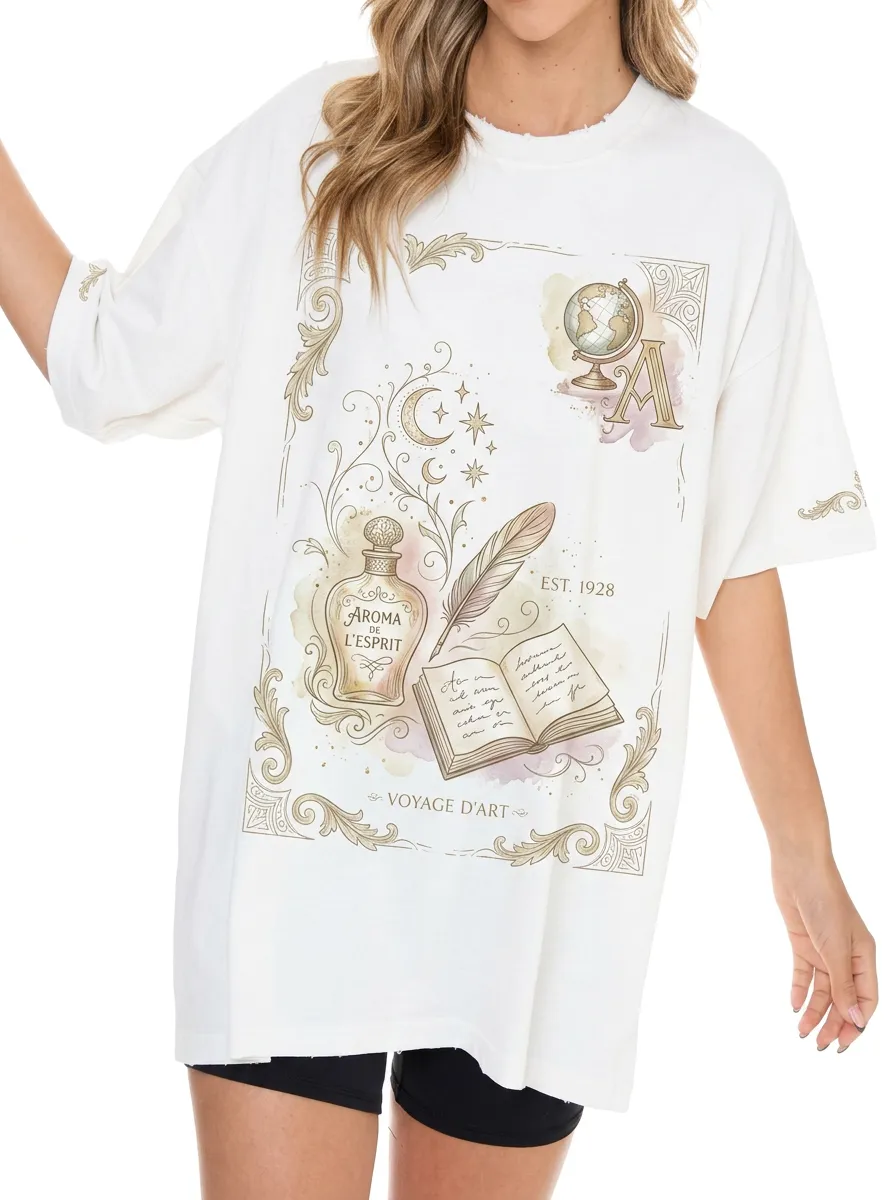 Women's Vintage Aesthetic Globe Book Perfume Printed T-shirt