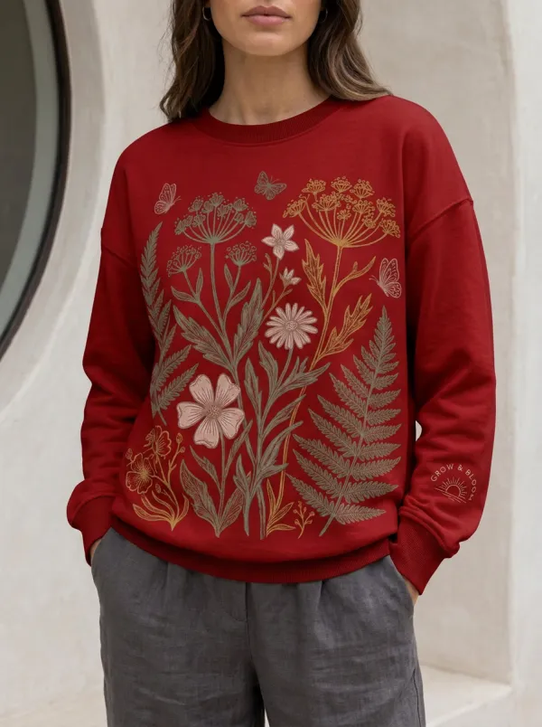 Women's Botanical Nature Lover Wildflower Butterfly Printed Sweatshirt