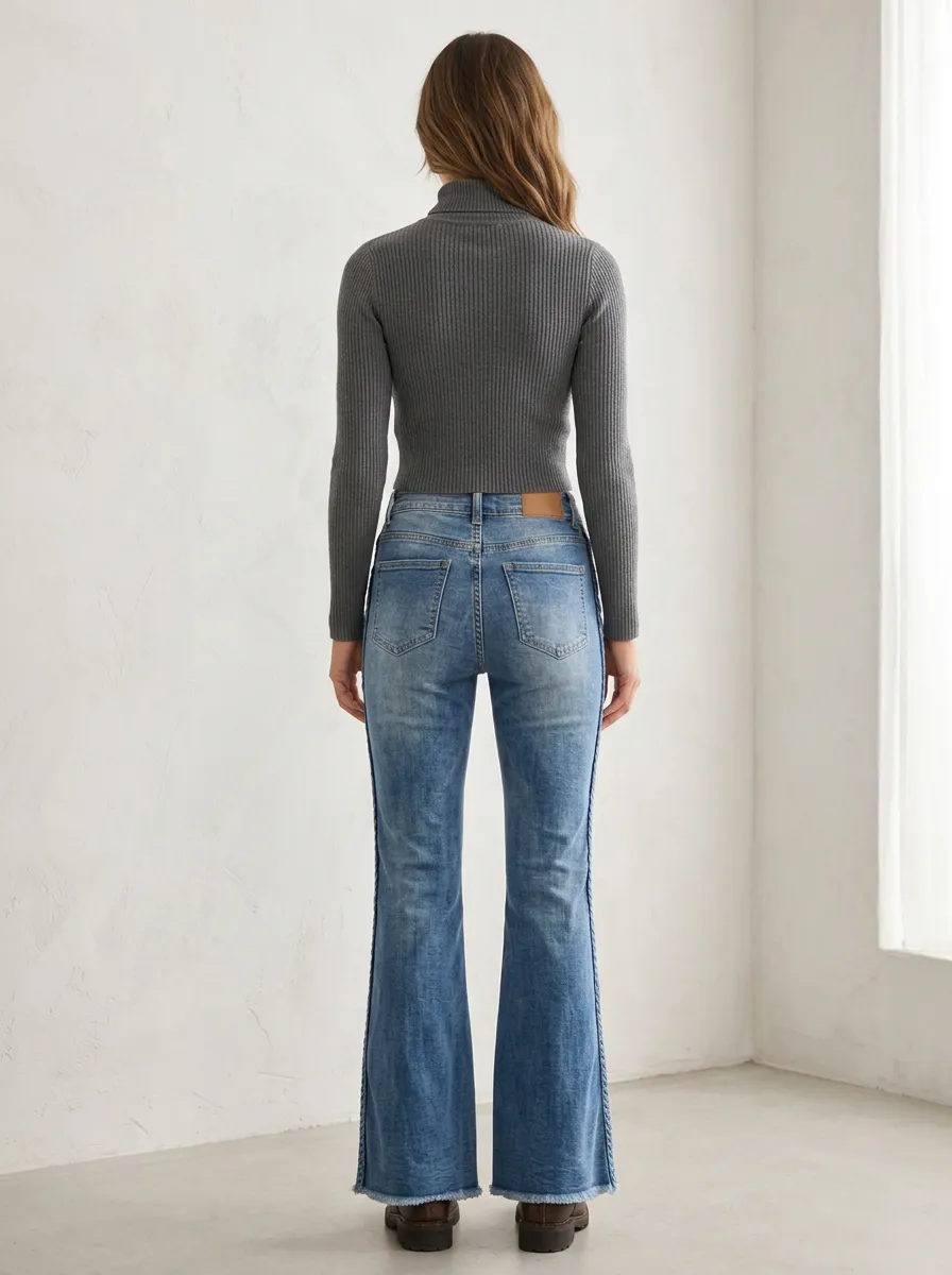 Women's Modern High-Waisted Button-Front Raw Hem Flare Jeans