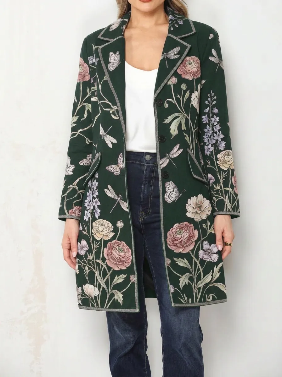 Women's Floral Butterfly Dragonfly Printed Long Blazer