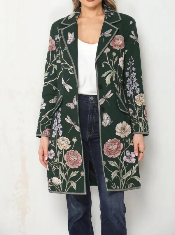 Women's Floral Butterfly Dragonfly Printed Long Blazer