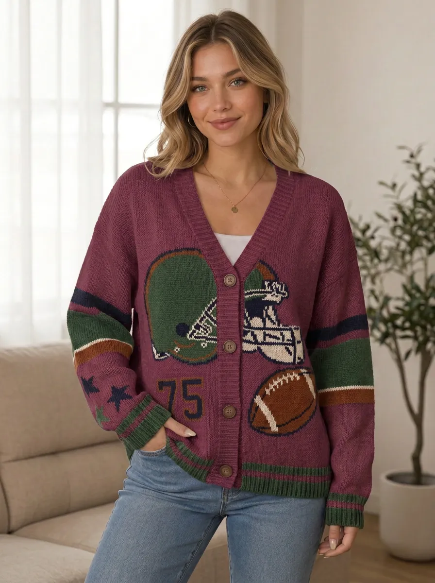 Women's Classic Gridiron Helmet Number Knit Cardigan