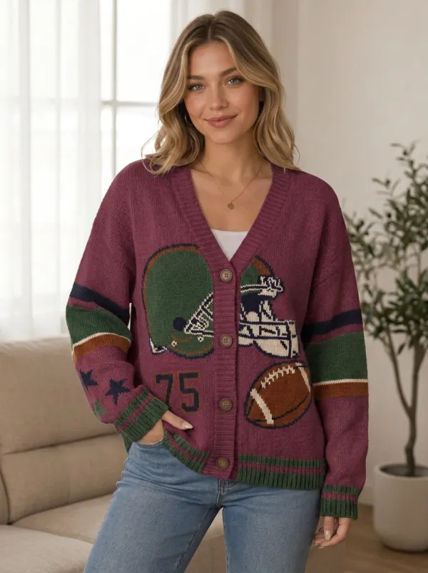 Women's Classic Gridiron Helmet Number Knit Cardigan