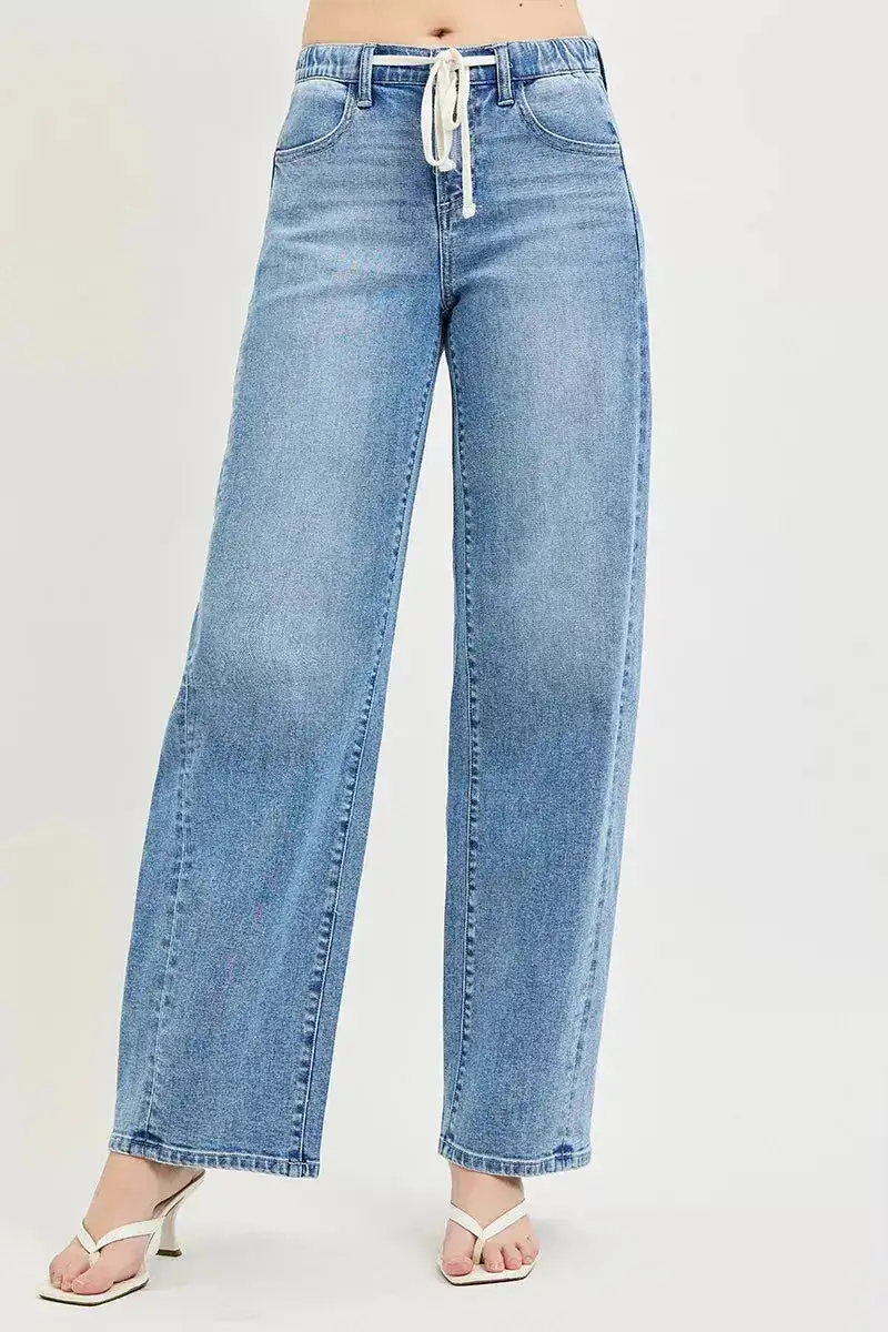 Wide Leg Drawstring Cropped Pocketed Denim Jeans