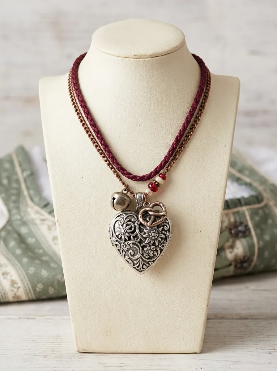 Heart Pendant Edelweiss Braided Cord Locket Women's Bavarian Oktoberfest Necklace