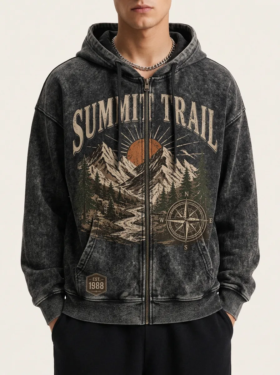 Men's Hiking Outdoor Summit Trail Mountain Compass Printed Zip-up Hoodie