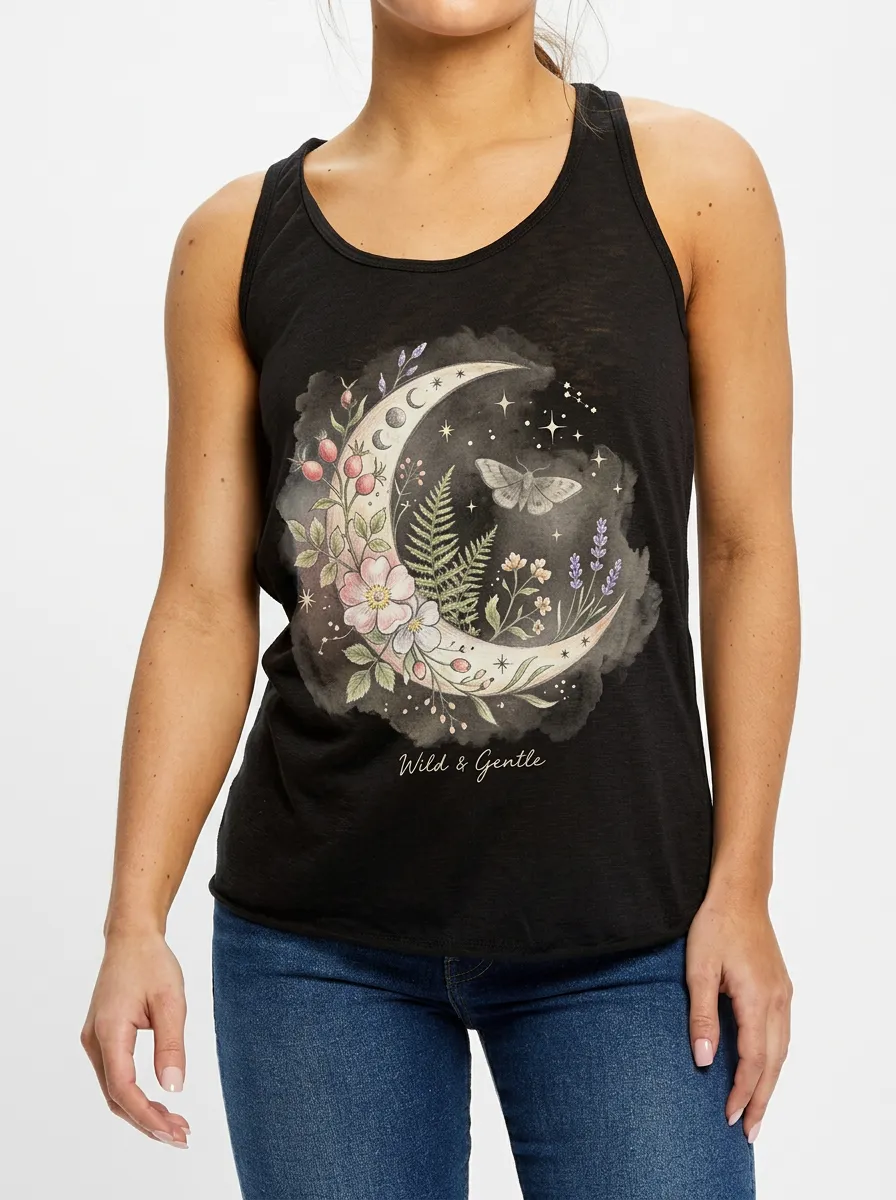 Women's Celestial Floral Moon Moth Printed Tank Top
