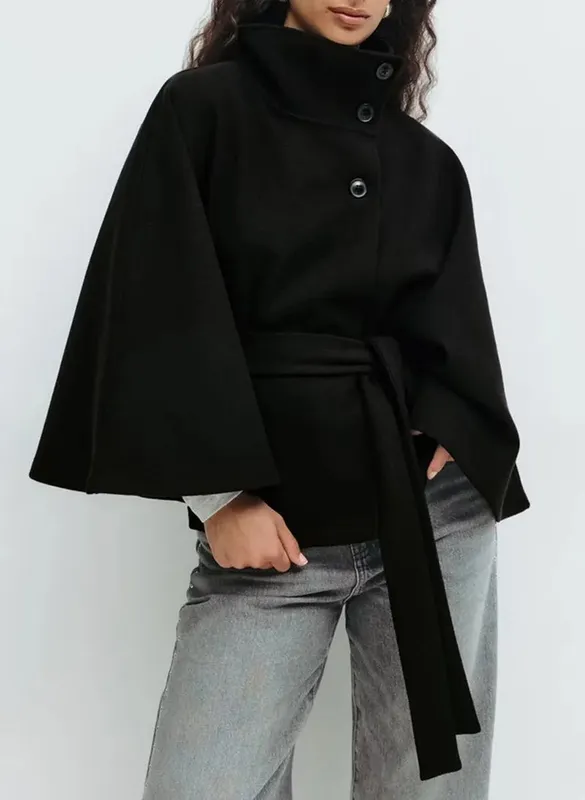 Spring Belted High-Neck Cape Coat