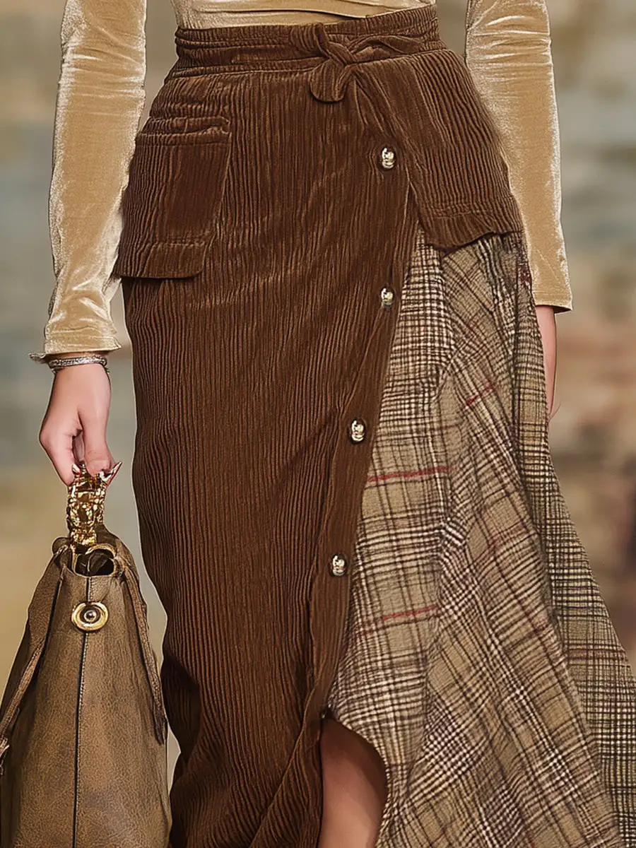 Patchwork Corduroy Plaid Skirt