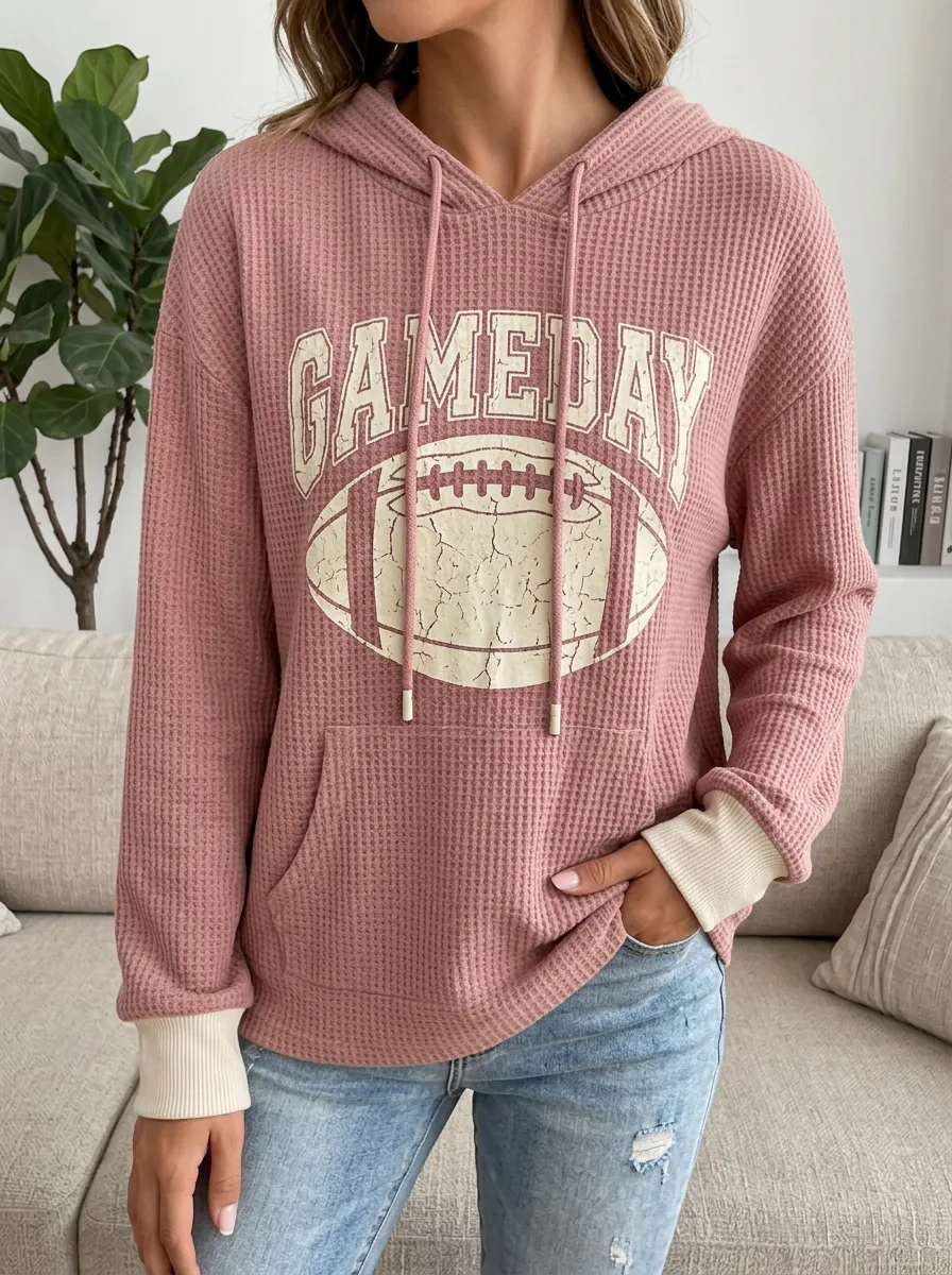 Women's Gameday Football Graphic Printed Waffle Knit Hoodie