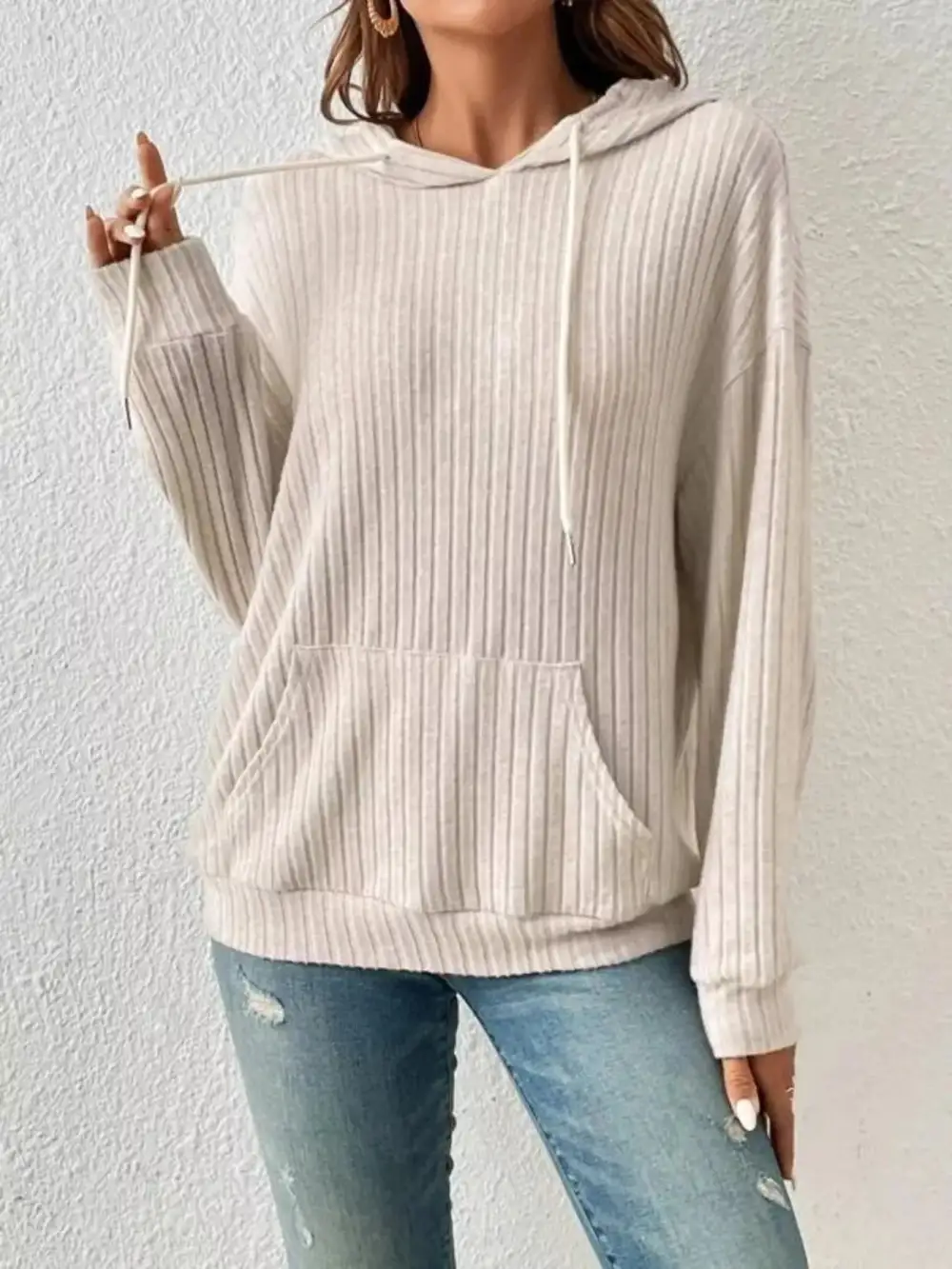 Relaxed Drawstring Pocketed Long-Sleeve Ribbed Hoodie