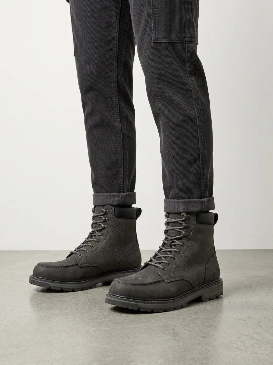 Unisex Topographic Pattern Embossed Print Work Boots