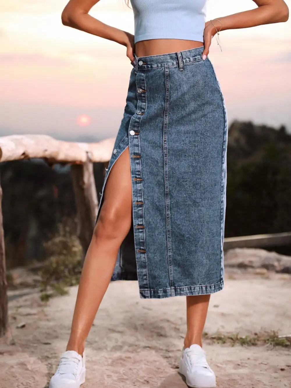 Button Down Denim Slide Skirt