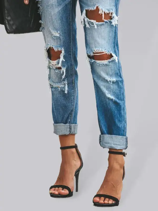 Washed Ripped Straight Leg Street Denim Jeans