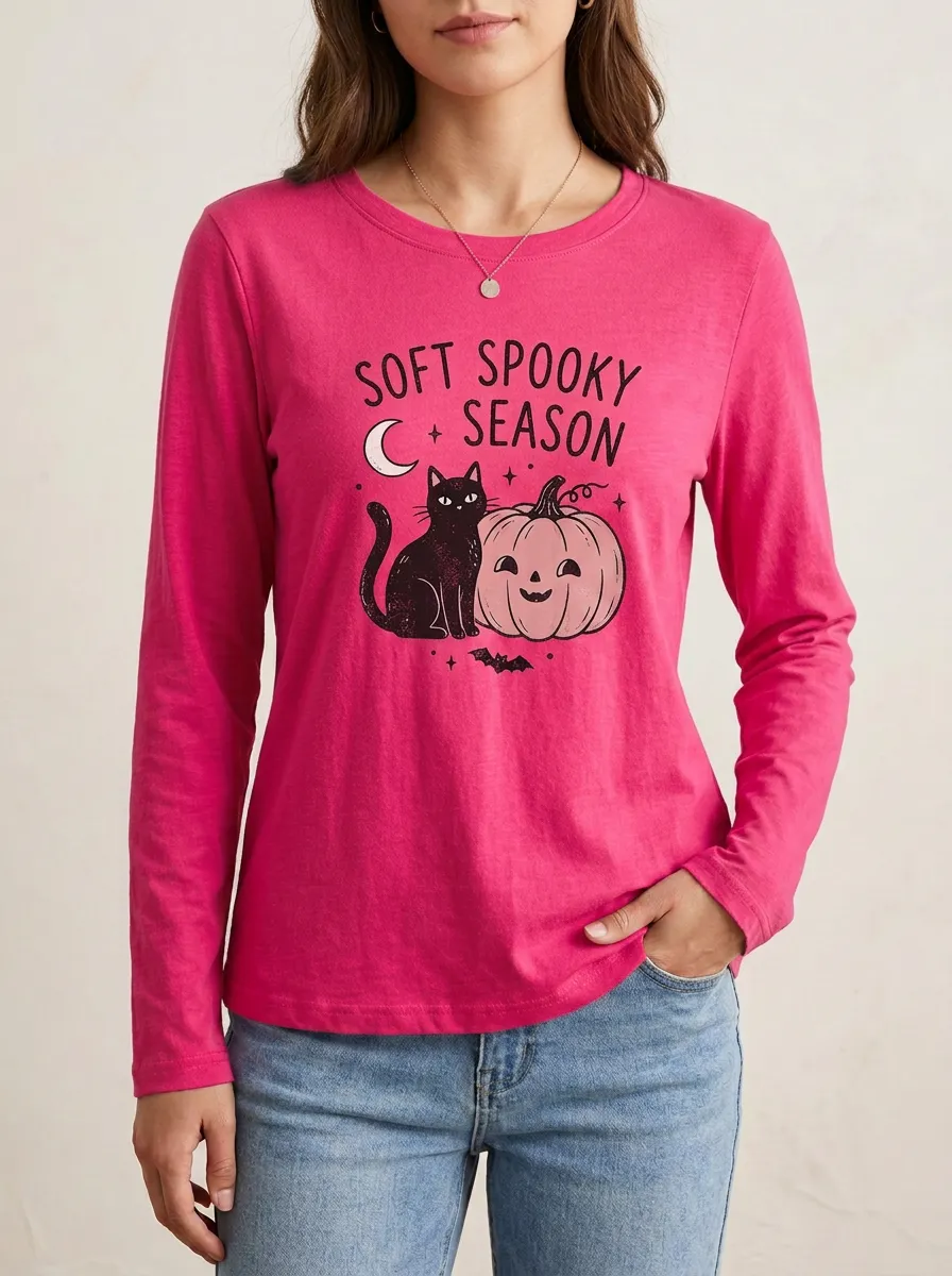 Pumpkin -Cat Spooky-Season Halloween Cotton Linen Long Sleeve Top