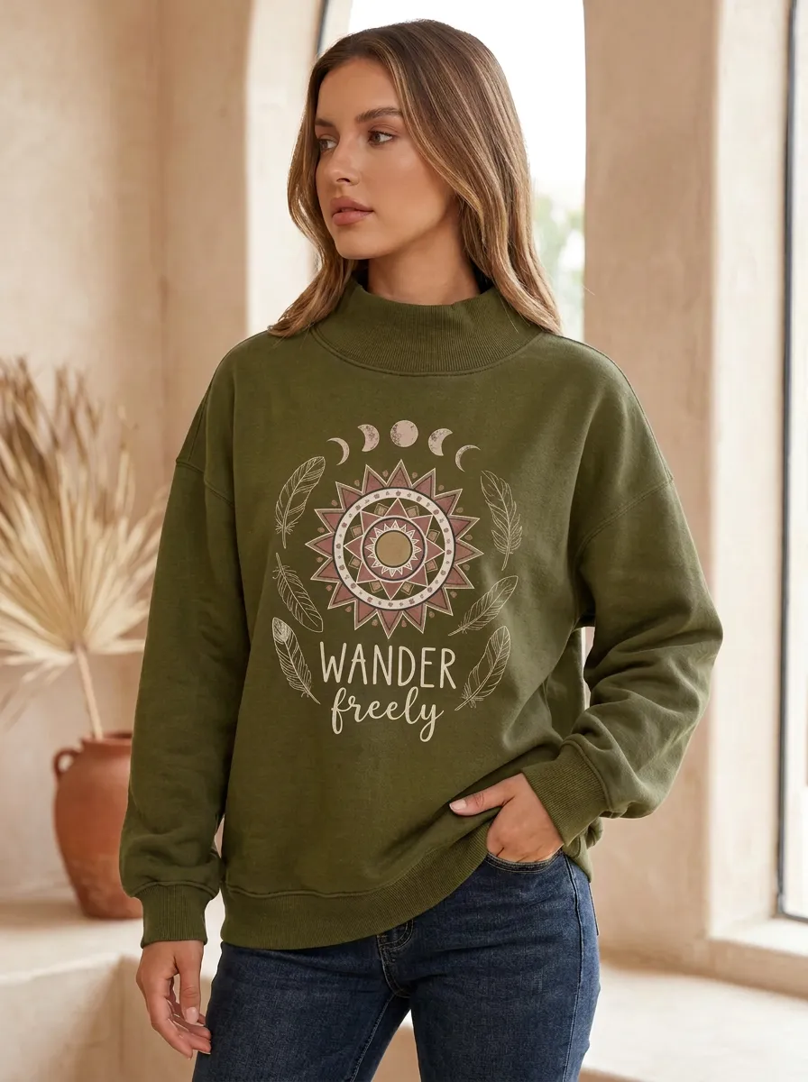 Boho Wander Freely Sun Moon Feather Mock Neck Sweatshirt