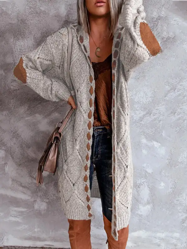 Hooded Long-Sleeve Drop-Shoulder Knit Cardigan