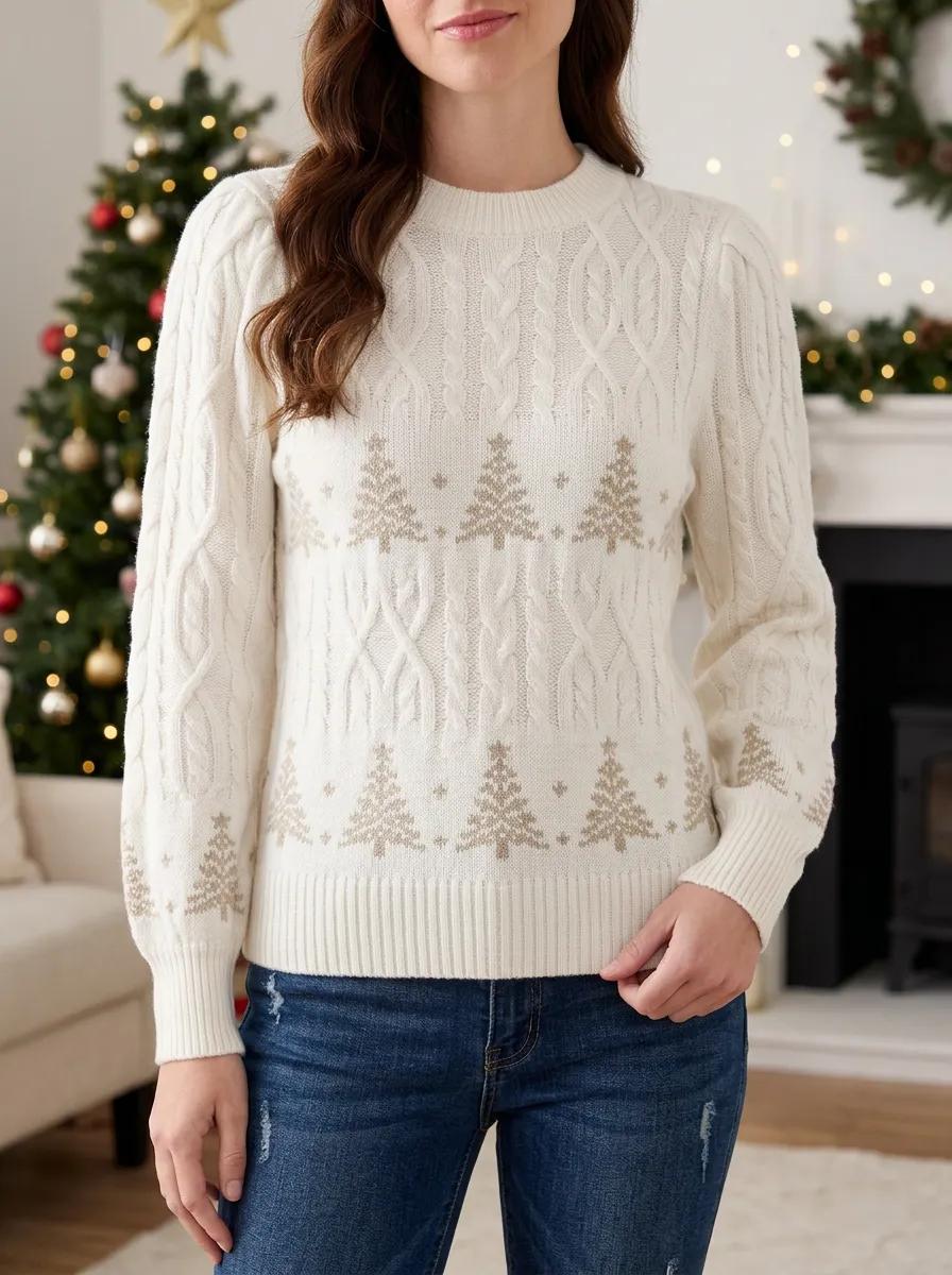 Winter Christmas Holiday Pine Tree Pattern Knitted Sweater