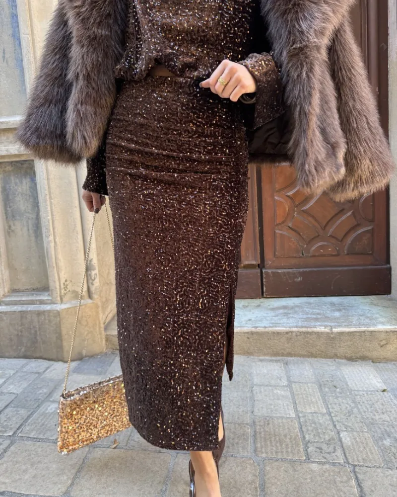 Slim Sequin Slit Midi Skirt