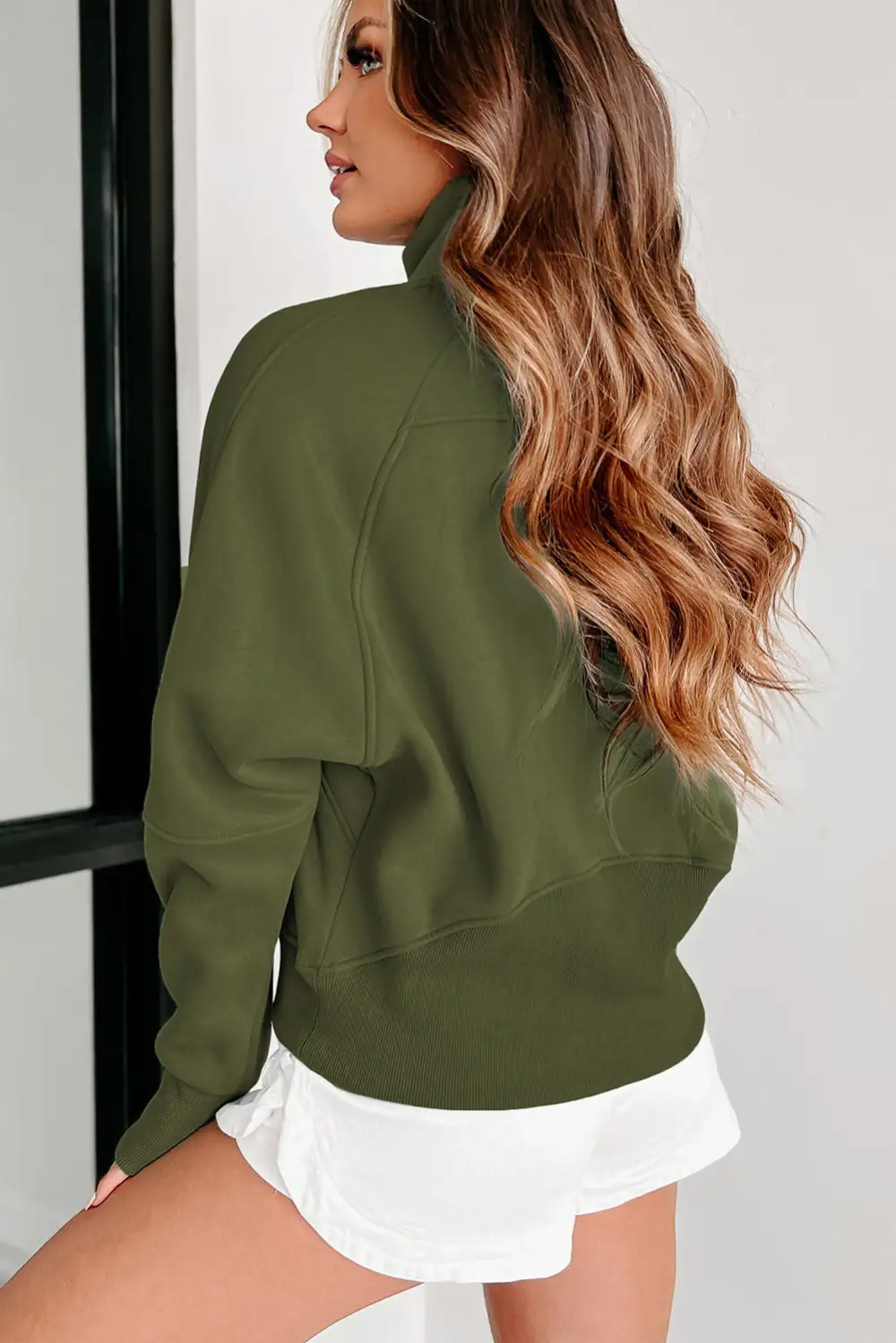 Zip Up Stand Collar Ribbed Thumbhole Sleeve Sweatshirt