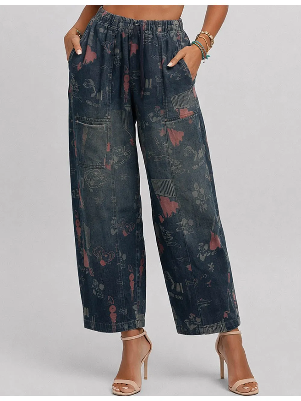 Graphic Elastic Waist Barrel Leg Denim Pants