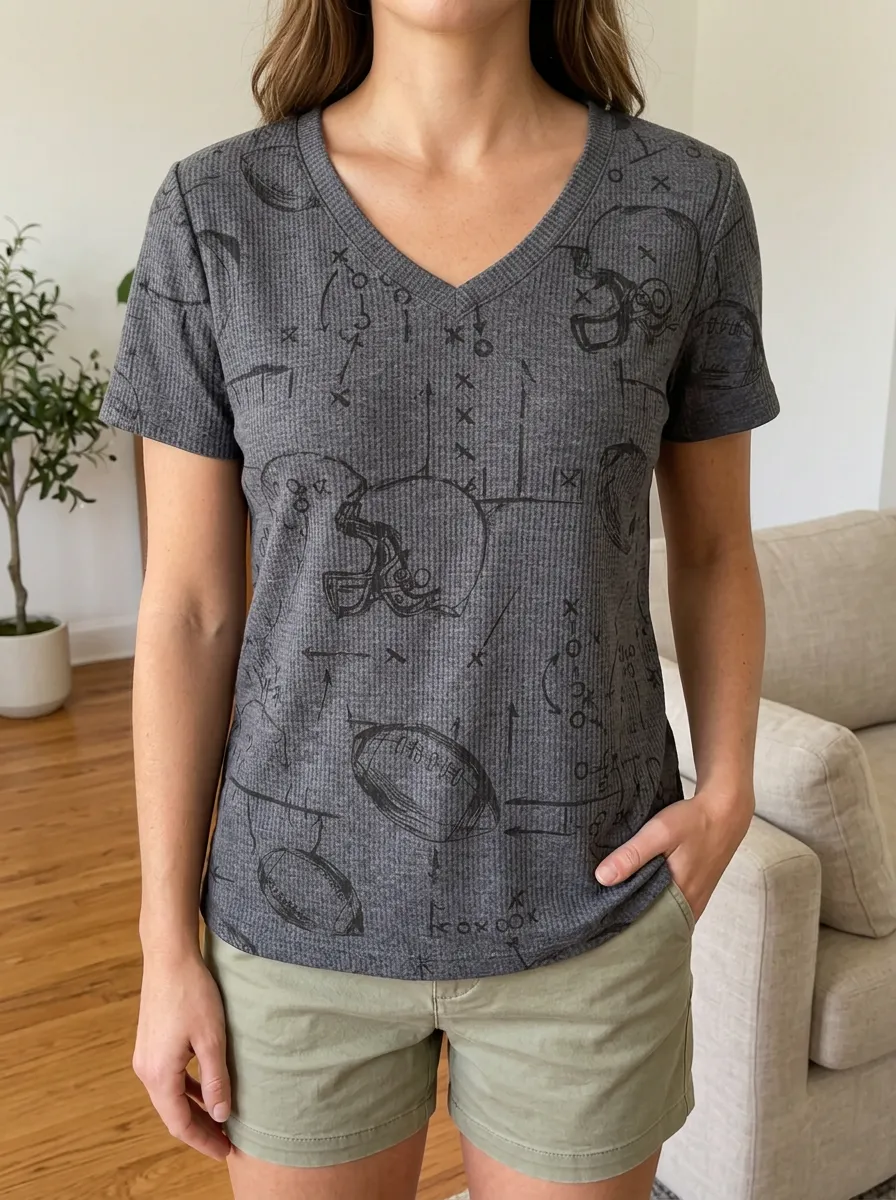 Women's Heritage Football Fan Helmet Playbook Printed Waffle Knit V-Neck Top