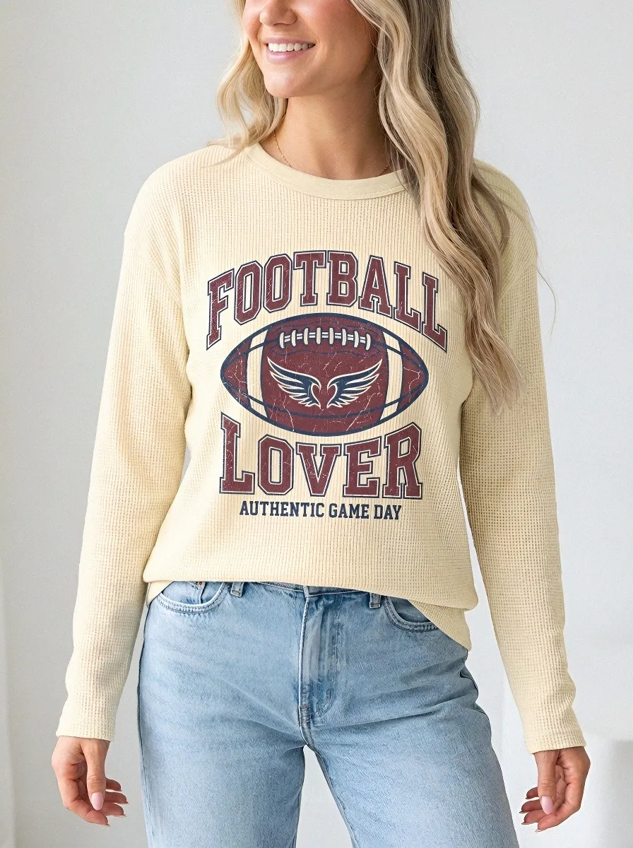 Women's Football Lover Winged Ball Game Day Printed Waffle T-Shirt