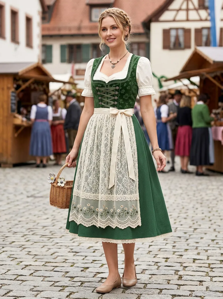 Floral Embroidered Lace Apron Square Neck Sweetheart Neck Women's Bavarian Oktoberfest Dirndl Dress