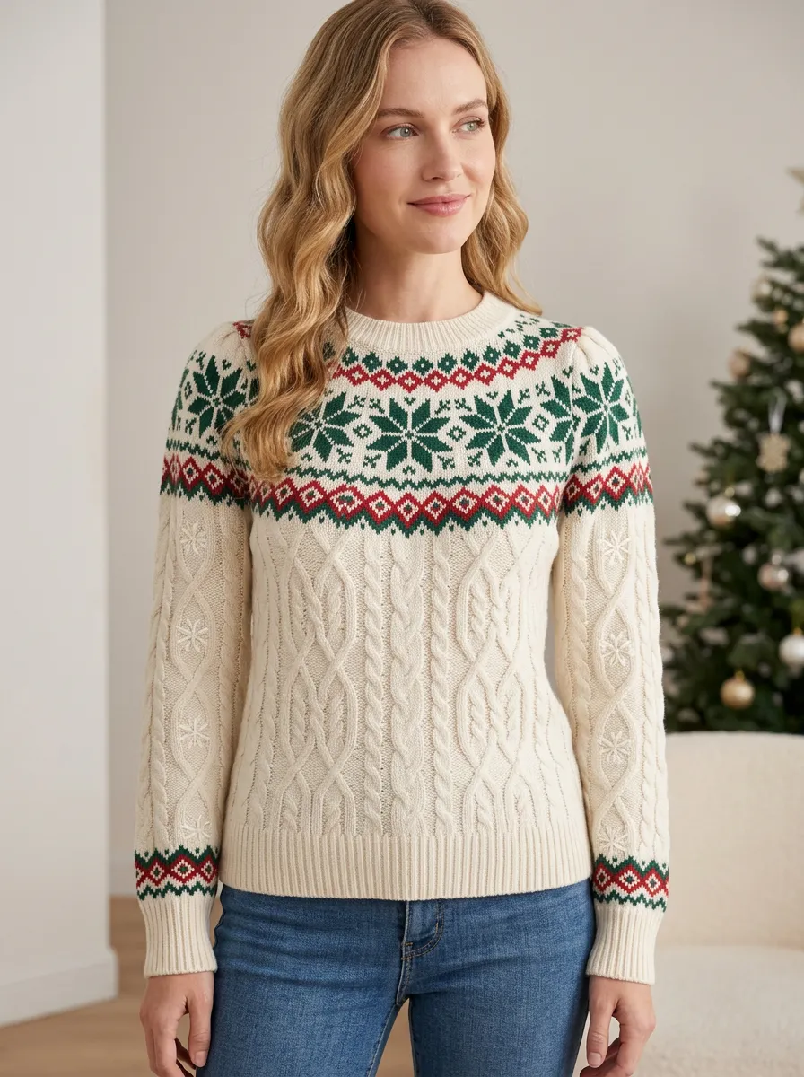 Christmas Holiday Snowflake Fair Isle Patterned Sweater