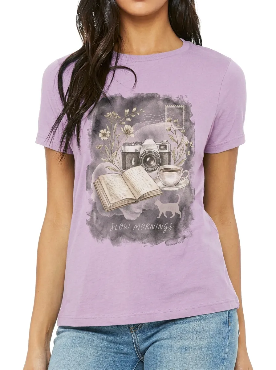 Women's Slow Mornings Camera Book Coffee Cat Printed T-shirt